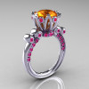 French Antique 14K White Gold 3.0 Carat Orange and Pink Sapphire Solitaire Wedding Ring Y235-14KWGPOS-2