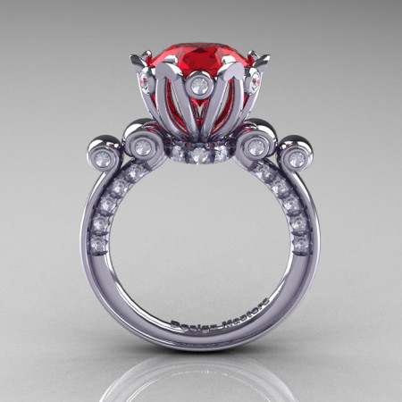 French Antique 14K White Gold 3.0 Carat Rubies Diamond Solitaire Wedding Ring Y235-14KWGDR-1