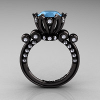 French Antique 14K Black Gold 3.0 Carat Sleeping Beauty Turquoise Diamond Solitaire Wedding Ring Y235-14KBGDSBT-1