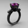French Antique 14K Black Gold 3.0 CT Amethyst Black Diamond Solitaire Wedding Ring Y235-14KBGBDAM-2