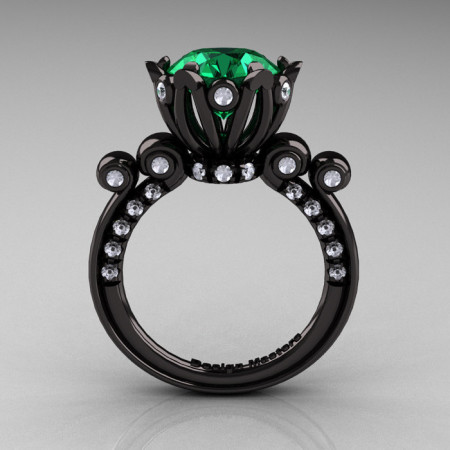 French Antique 14K Black Gold 3.0 Carat Emerald Diamond Solitaire Wedding Ring Y235-14KBGDEM-1