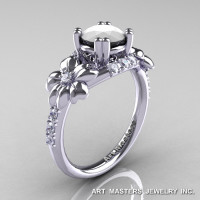 Nature Inspired 14K White Gold 1.0 Ct White Agate Diamond Leaf and Vine Engagement Ring R245-14KWGDWA-1