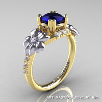 Nature Inspired 14K Yellow Two-Tone White Gold 1.0 Ct Blue Sapphire Diamond Leaf and Vine Engagement Ring R245-14KYTTWGDBS-1