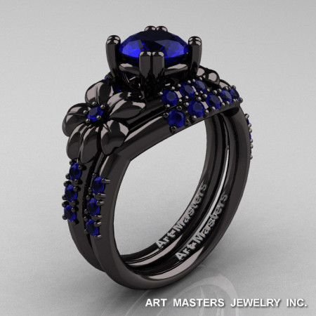 Nature Inspired 14K Black Gold 1.0 Ct Blue Sapphire Leaf and Vine Engagement Ring Wedding Band Set R245S-14KBGBS-1
