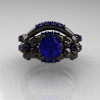 Nature Inspired 14K Black Gold 1.0 Ct Blue Sapphire Leaf and Vine Engagement Ring Wedding Band Set R245S-14KBGBS-2