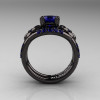 Nature Inspired 14K Black Gold 1.0 Ct Blue Sapphire Leaf and Vine Engagement Ring Wedding Band Set R245S-14KBGBS-3