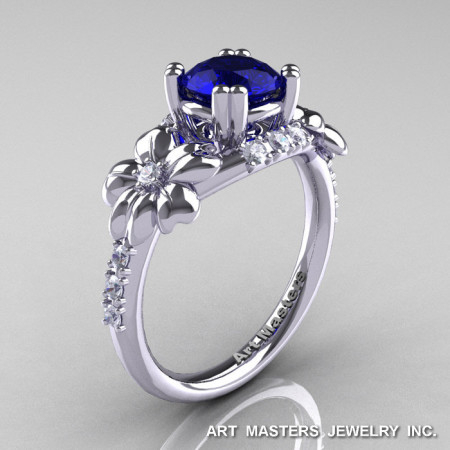 Nature Inspired 14K White Gold 1.0 Ct Blue Sapphire Diamond Leaf and Vine Engagement Ring R245-14KWGDBS-1