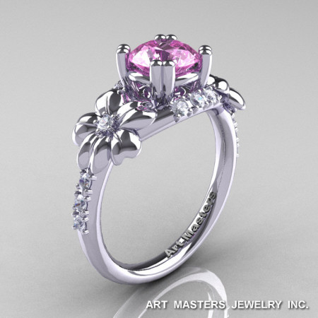 Nature Inspired 14K White Gold 1.0 Ct Light Pink Sapphire Diamond Leaf and Vine Engagement Ring R245-14KWGDLPS-1