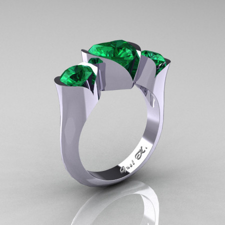 Nature Classic 10K White Gold 2.0 Ct Heart Emerald Three Stone Floral Engagement Ring Wedding Ring R434-10KWGEM-1