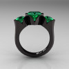 Nature Classic 14K Black Gold 2.0 Ct Heart Emerald Three Stone Floral Engagement Ring Wedding Ring R434-14KBGEM-2