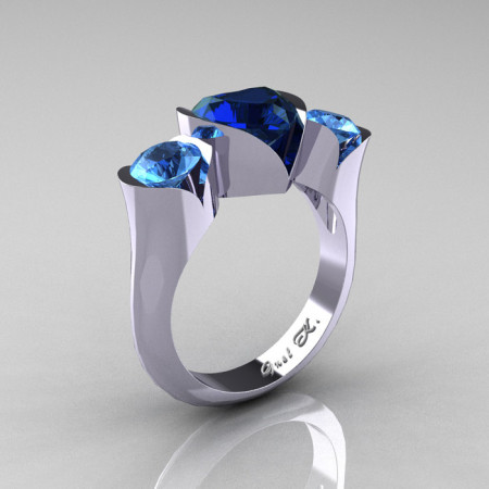 Nature Classic 10K White Gold 2.0 Ct Heart Blue Sapphire Blue Topaz Three Stone Floral Engagement Ring Wedding Ring R434-10KWGBTBS-1