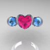 Nature Classic 10K White Gold 2.0 Ct Heart Pink Sapphire Blue Topaz Three Stone Floral Engagement Ring Wedding Ring R434-10KWGBTPS-3