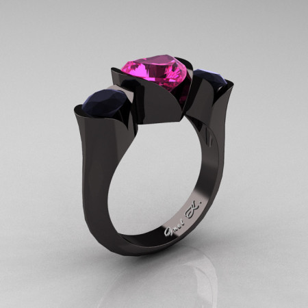 Nature Classic 14K Black Gold 2.0 Ct Heart Pink Sapphire Black Diamond Three Stone Floral Engagement Ring Wedding Ring R434-14KBGBDPS-1