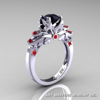 Classic Blazer 14K White Gold 1.0 Ct Black Diamond Rubies Solitaire Engagement Ring R482-14KWGBDR-1