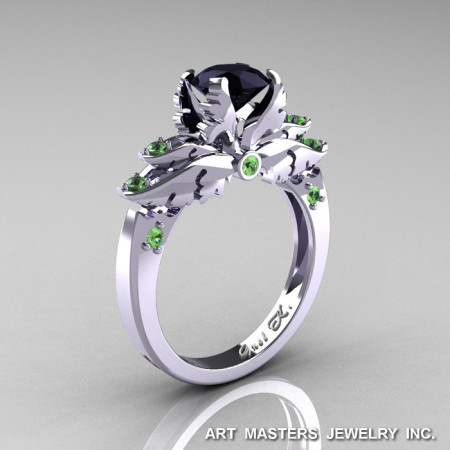 Classic Blazer 14K White Gold 1.0 Ct Black Diamond Green Topaz Solitaire Engagement Ring R482-14KWGGTBD-1