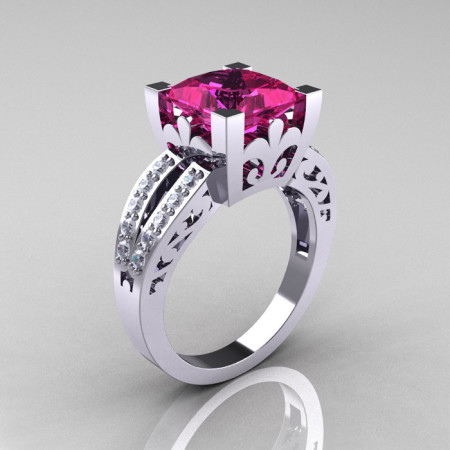 French Vintage 14K White Gold 3.8 Carat Princess Pink Sapphire Diamond Solitaire Ring R222-WGDPS-1