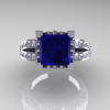 French Vintage 14K White Gold 3.8 Carat Princess Blue Sapphire Diamond Solitaire Ring R222-WGDBS-3