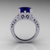 French Vintage 14K White Gold 3.8 Carat Princess Blue Sapphire Diamond Solitaire Ring R222-WGDBS-2