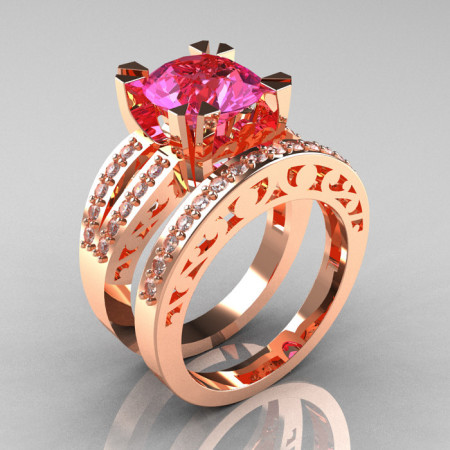 Modern Vintage 14K Rose Gold 3.0 Carat Pink Sapphire Diamond Solitaire Ring and Wedding Band Bridal Set R102S-14KRGDPS-1