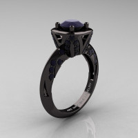 Classic French 14K Black Gold 1.0 Ct Dark Blue Sapphire Engagement Ring Wedding Ring R502-14KBGDBS-1