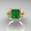 French Vintage 14K Yellow Gold 3.8 Carat Princess Emerald Diamond Solitaire Ring R222-YGDEM-3