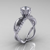 14k white gold white sapphire diamond unusual unique floral engagement ring anniversary ring wedding band set R278S-WGDWS-2