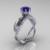 14k white gold blue sapphire diamond unusual unique floral engagement ring anniversary ring wedding band set R278S-WGDBS-2