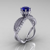 14k white gold blue sapphire diamond unusual unique floral engagement ring anniversary ring wedding band set R278SSB-WGDBS-2