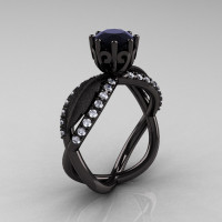14k black gold black and white diamond unusual unique floral engagement ring anniversary ring wedding ring R278SB-BGDBD-1