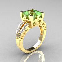 French Vintage 14K Yellow Gold 3.8 Carat Princess Green Topaz Diamond Solitaire Ring R222-YGDGT-1