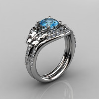 14KT White Gold Diamond Leaf and Vine Aquamarine Wedding Band Engagement Ring Set NN117S-14KWGDAQ Nature Inspired Jewelry-1