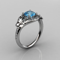 14KT White Gold Diamond Leaf and Vine Aquamarine Wedding Ring Engagement Ring NN117-14KWGDAQ Nature Inspired Jewelry-1