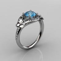 14KT White Gold Diamond Leaf and Vine Blue Topaz Wedding Ring Engagement Ring NN117-14KWGDBT Nature Inspired Jewelry-1