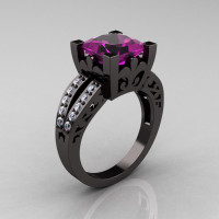 French Vintage 14K Black Gold 3.8 Carat Princess Amethyst Diamond Solitaire Ring R222-BGDAM-1