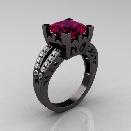 French Vintage 14K Black Gold 3.8 Carat Princess Raspberry Red Garnet Diamond Solitaire Ring R222-BGDG-1