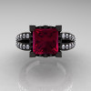 French Vintage 14K Black Gold 3.8 Carat Princess Raspberry Red Garnet Diamond Solitaire Ring R222-BGDG-3