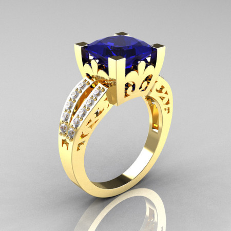 French Vintage 14K Yellow Gold 3.8 Carat Princess Blue Sapphire Diamond Solitaire Ring R222-YGDBS-1