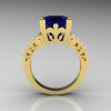 French Vintage 14K Yellow Gold 3.8 Carat Princess Blue Sapphire Diamond Solitaire Ring R222-YGDBS-2