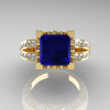 French Vintage 14K Yellow Gold 3.8 Carat Princess Blue Sapphire Diamond Solitaire Ring R222-YGDBS-3