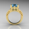French Vintage 14K Yellow Gold 3.8 Carat Princess Blue Topaz Diamond Solitaire Ring R222-YGDBT-2