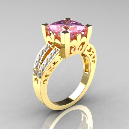 French Vintage 14K Yellow Gold 3.8 Carat Princess Light Pink Sapphire Diamond Solitaire Ring R222-YGDLPS-1
