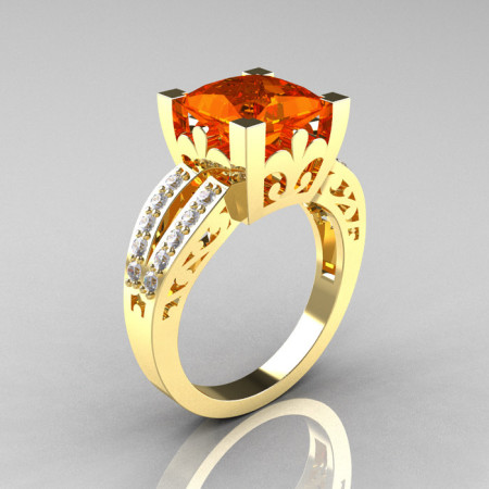 French Vintage 14K Yellow Gold 3.8 Carat Princess Orange Sapphire Diamond Solitaire Ring R222-YGDOS-1