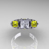 Classic 18K White Gold Three Stone Princess White and Yellow Sapphire Solitaire Engagement Ring R500-18KWGYSWS-3