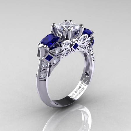 Classic 14K White Gold Three Stone Princess White and Blue Sapphire Diamond Solitaire Engagement Ring R500-14KWGDBSWS-1