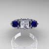 Classic 14K White Gold Three Stone Princess White and Blue Sapphire Diamond Solitaire Engagement Ring R500-14KWGDBSWS-3
