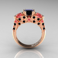 Classic 14K Rose Gold Three Stone Princess Black Diamond Peach Sapphire Solitaire Engagement Ring R500-14KRGPESBD-1