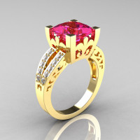 French Vintage 14K Yellow Gold 3.8 Carat Princess Pink Sapphire Diamond Solitaire Ring R222-YGDPS-1