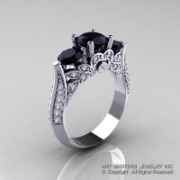 Classic 10K White Gold Three Stone Black and White Diamond Solitaire Ring R200-10KWGDBD-1