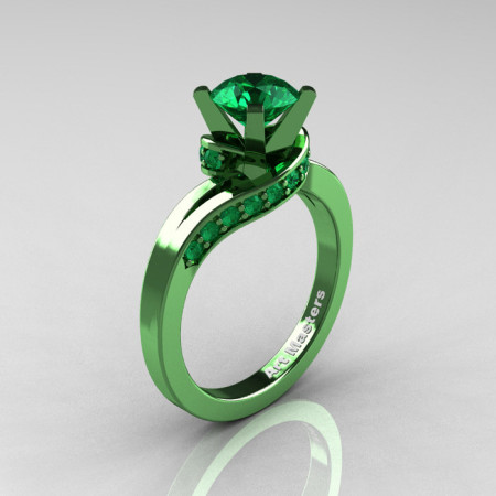 Classic Military 14K Green Gold 1.0 Ct Emerald Designer Solitaire Ring R259-14KGGEM-1