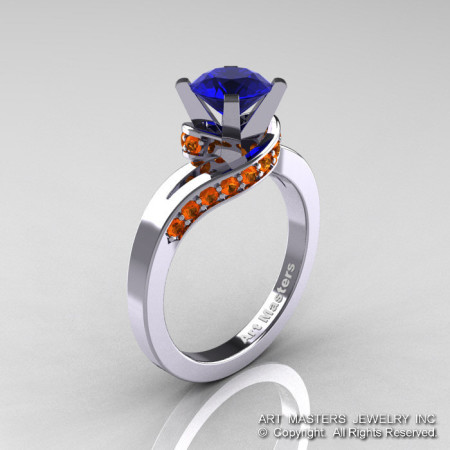 Classic Blazer 14K White Gold 1.0 Ct Blue and Orange Sapphire Designer Solitaire Ring R259-14KWGPSBS-1